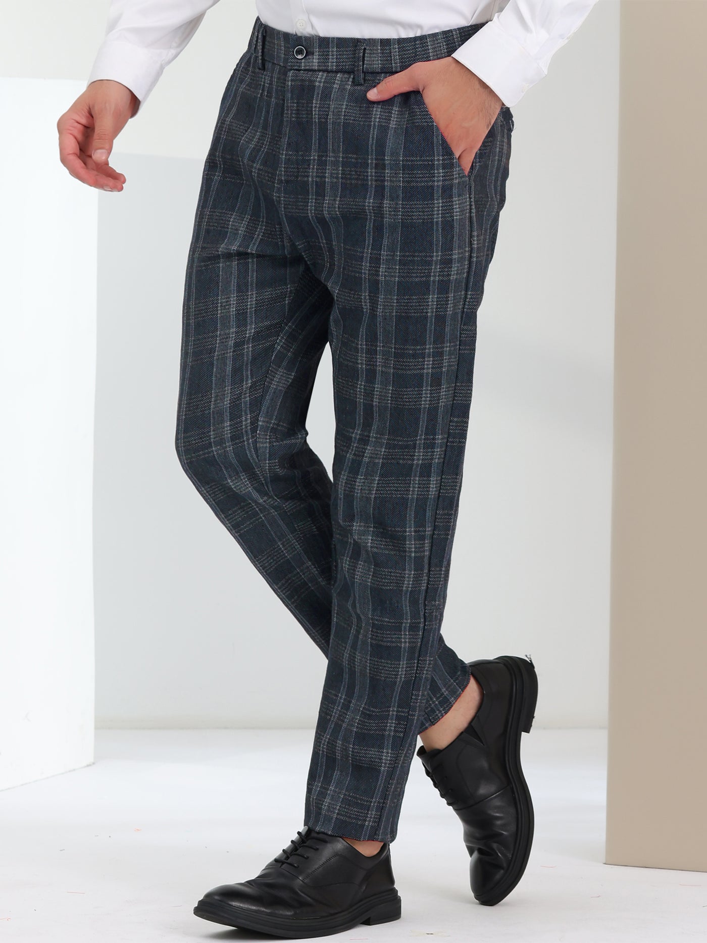 Bublédon Men's Plaid Dress Pants Slim Fit Flat Front Checked Business Pencil Pants
