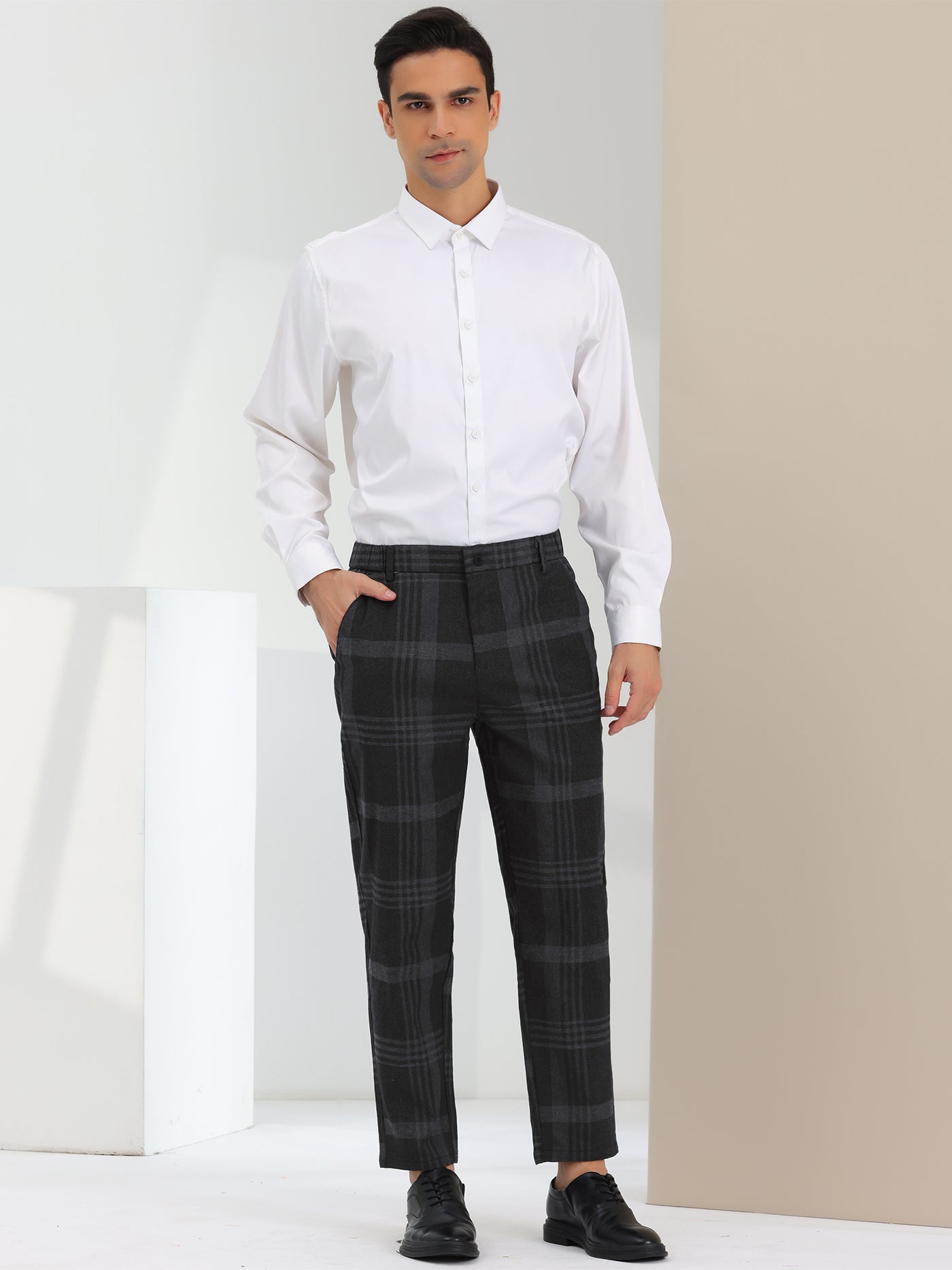 Bublédon Men's Business Plaid Printed Slim Fit Flat Front Checked Dress Pants
