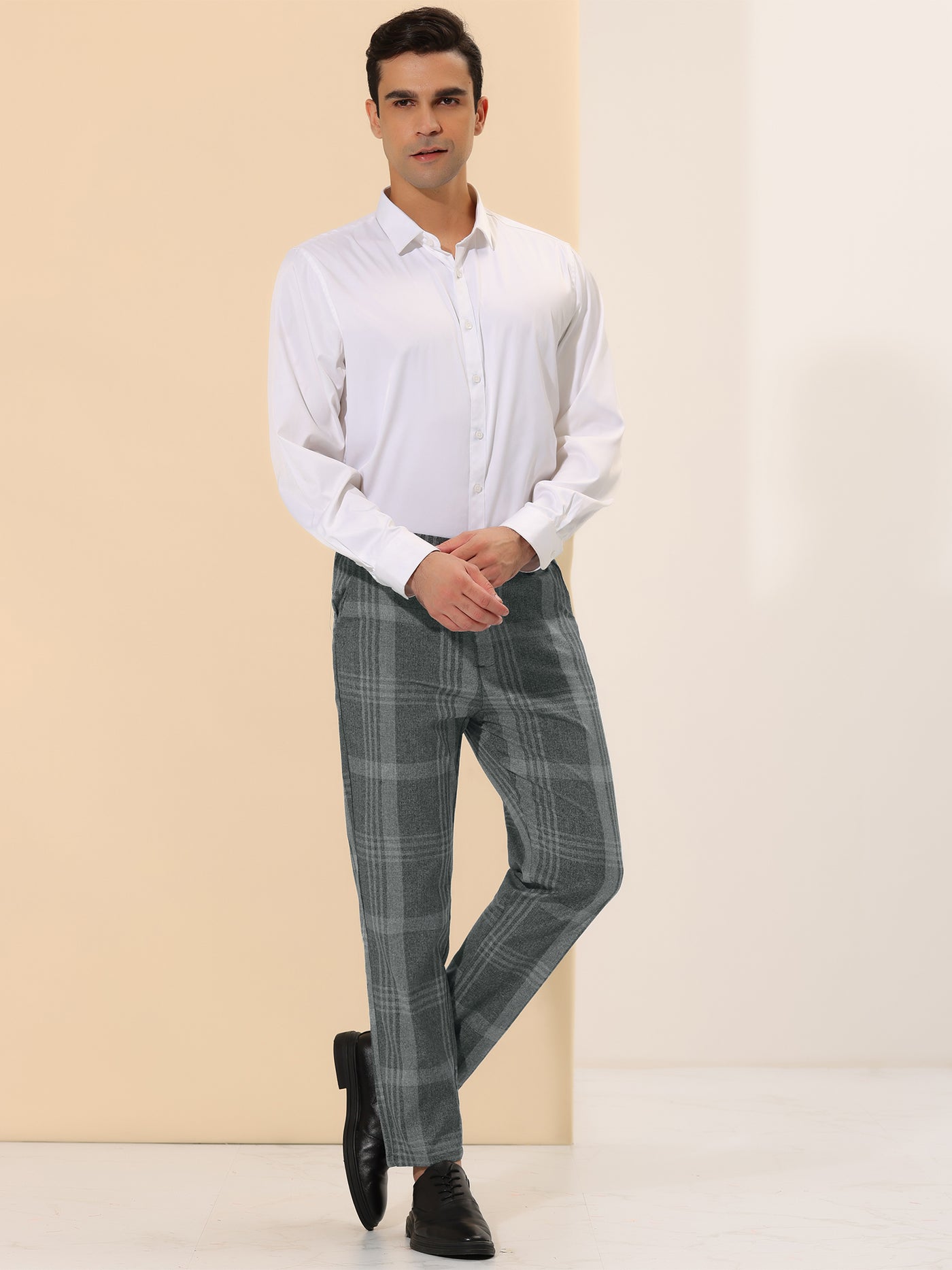 Bublédon Men's Business Plaid Printed Slim Fit Flat Front Checked Dress Pants