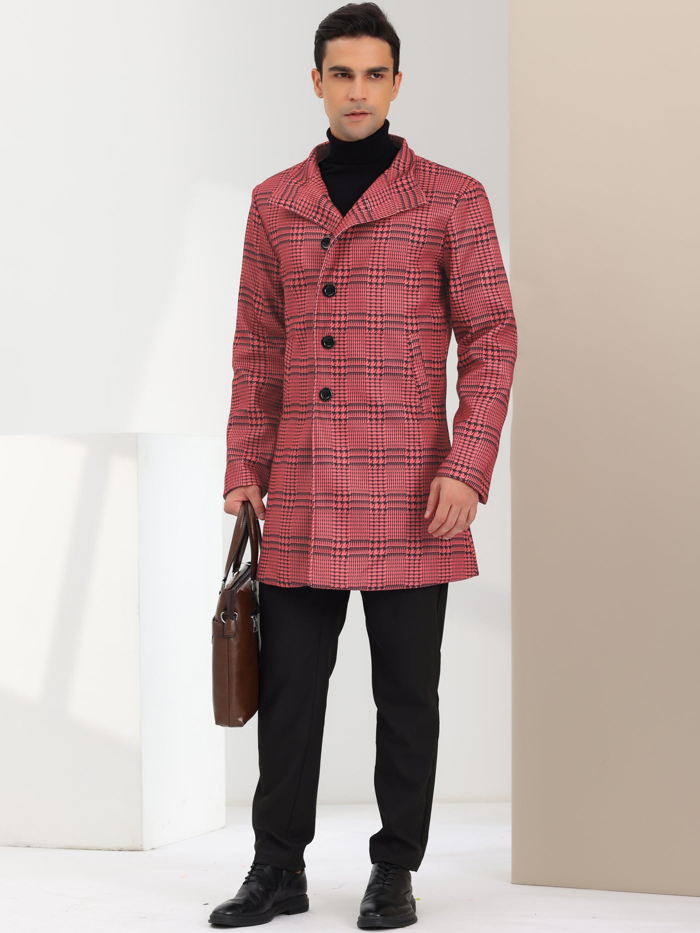Bublédon Men's Houndstooth Coats Single Breasted Long Plaid Overcoat