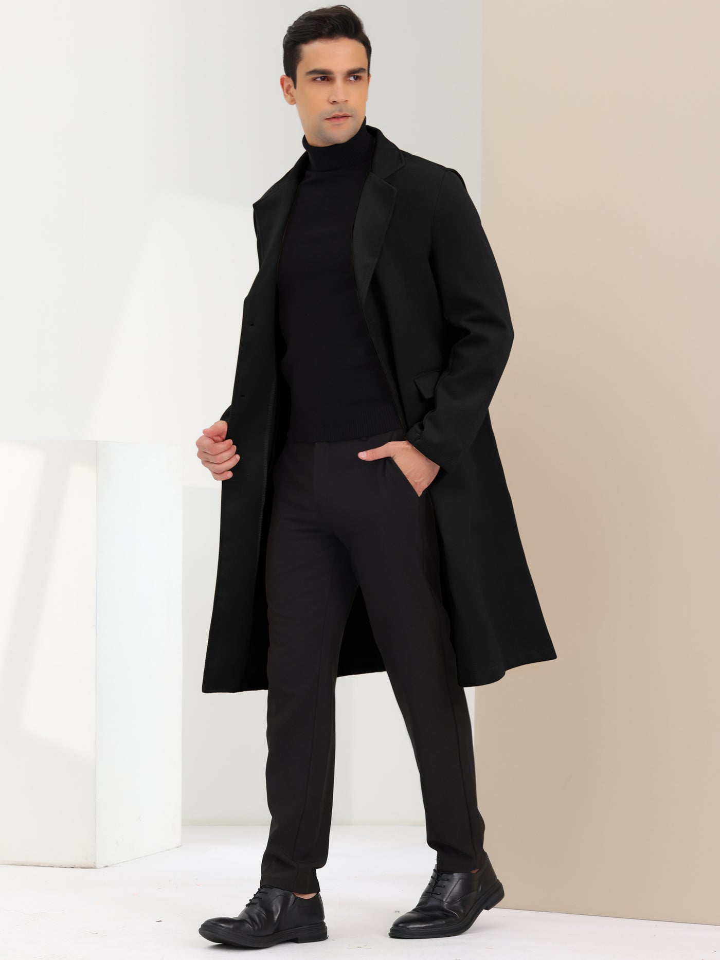 Bublédon Men's Winter Pea Single Breasted Notched Lapel Long Trench Coat