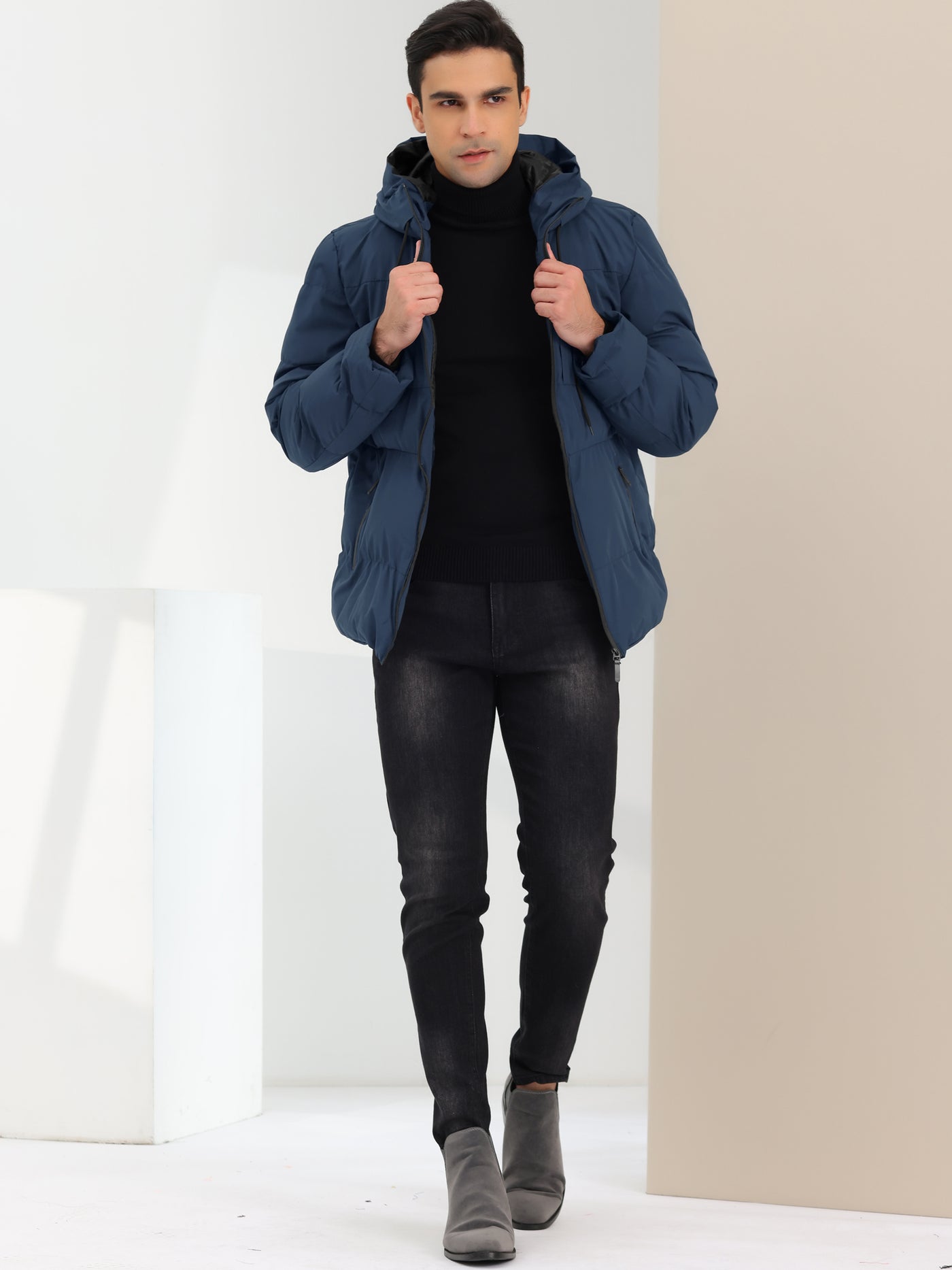 Bublédon Men's Hooded Puffer Jacket Long Sleeves Zipper Winter Warm Quilted Coat