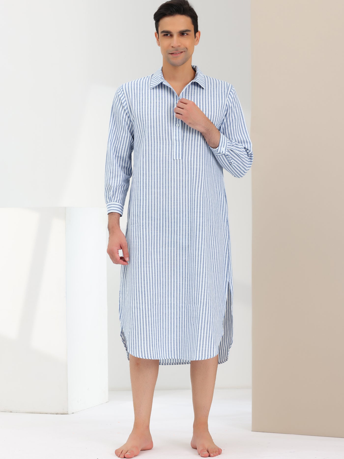 Bublédon Men's Striped Nightshirts Long Sleeves Sleep Nightgown Pajamas Shirts