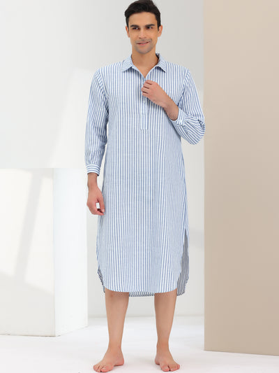 Men's Striped Nightshirts Long Sleeves Sleep Nightgown Pajamas Shirts