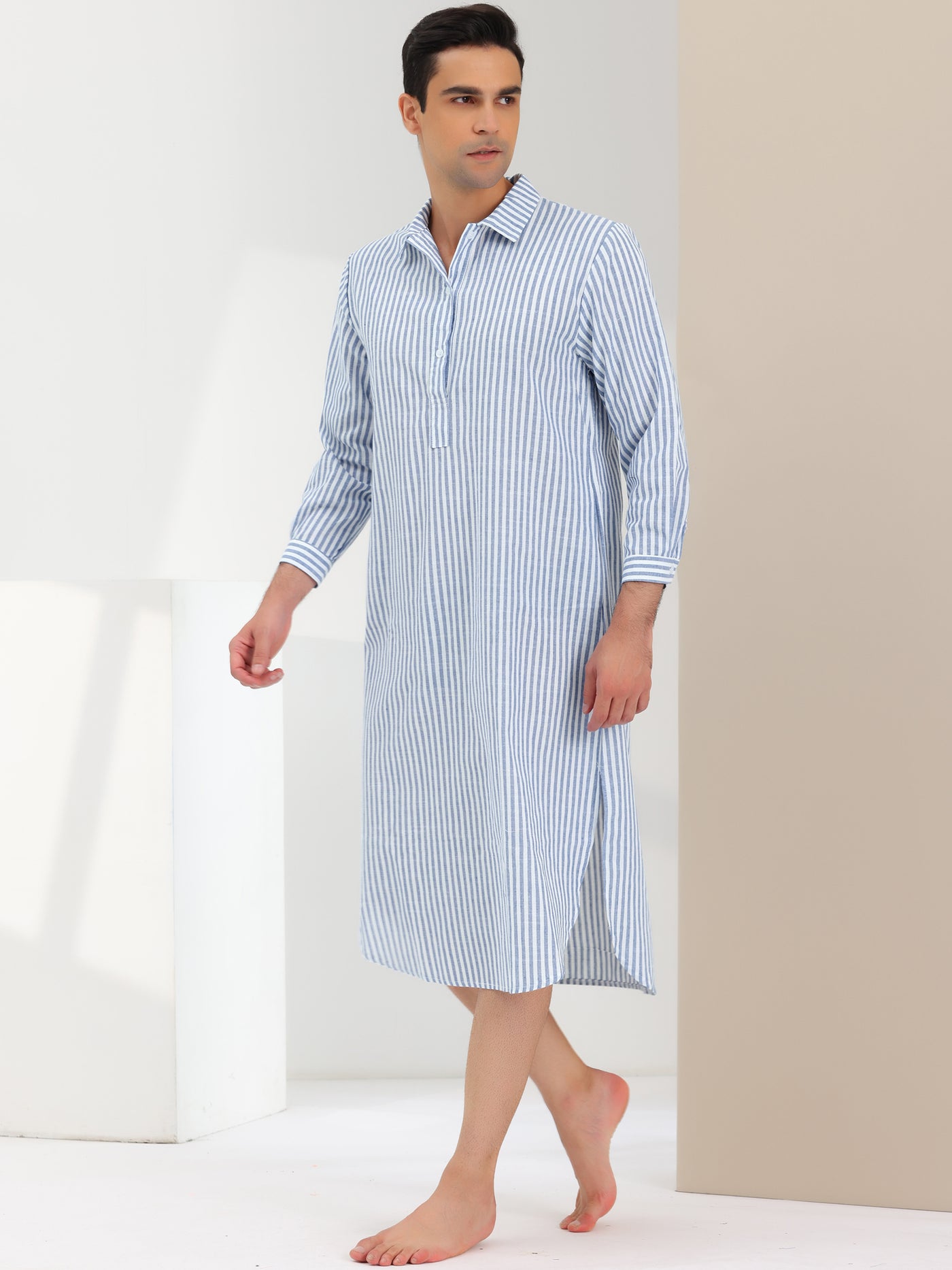 Bublédon Men's Striped Nightshirts Long Sleeves Sleep Nightgown Pajamas Shirts