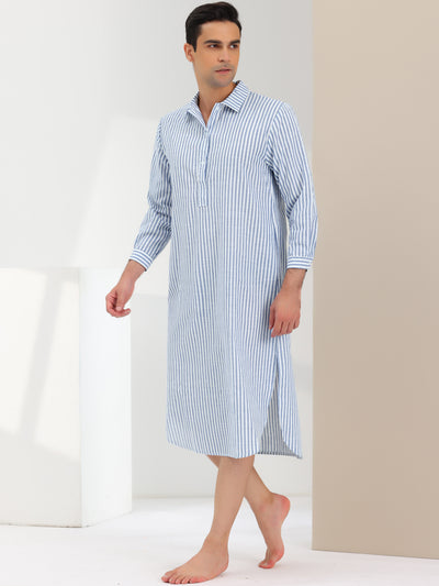 Men's Striped Nightshirts Long Sleeves Sleep Nightgown Pajamas Shirts