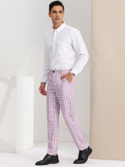 Men's Plaid Business Pants Regular Fit Formal Prom Checked Trousers