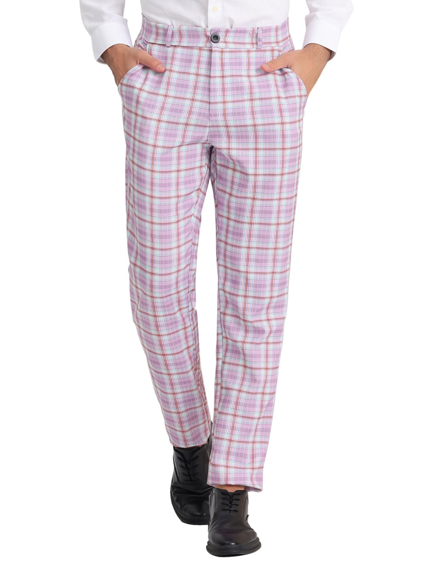 Bublédon Men's Plaid Business Pants Regular Fit Formal Prom Checked Trousers