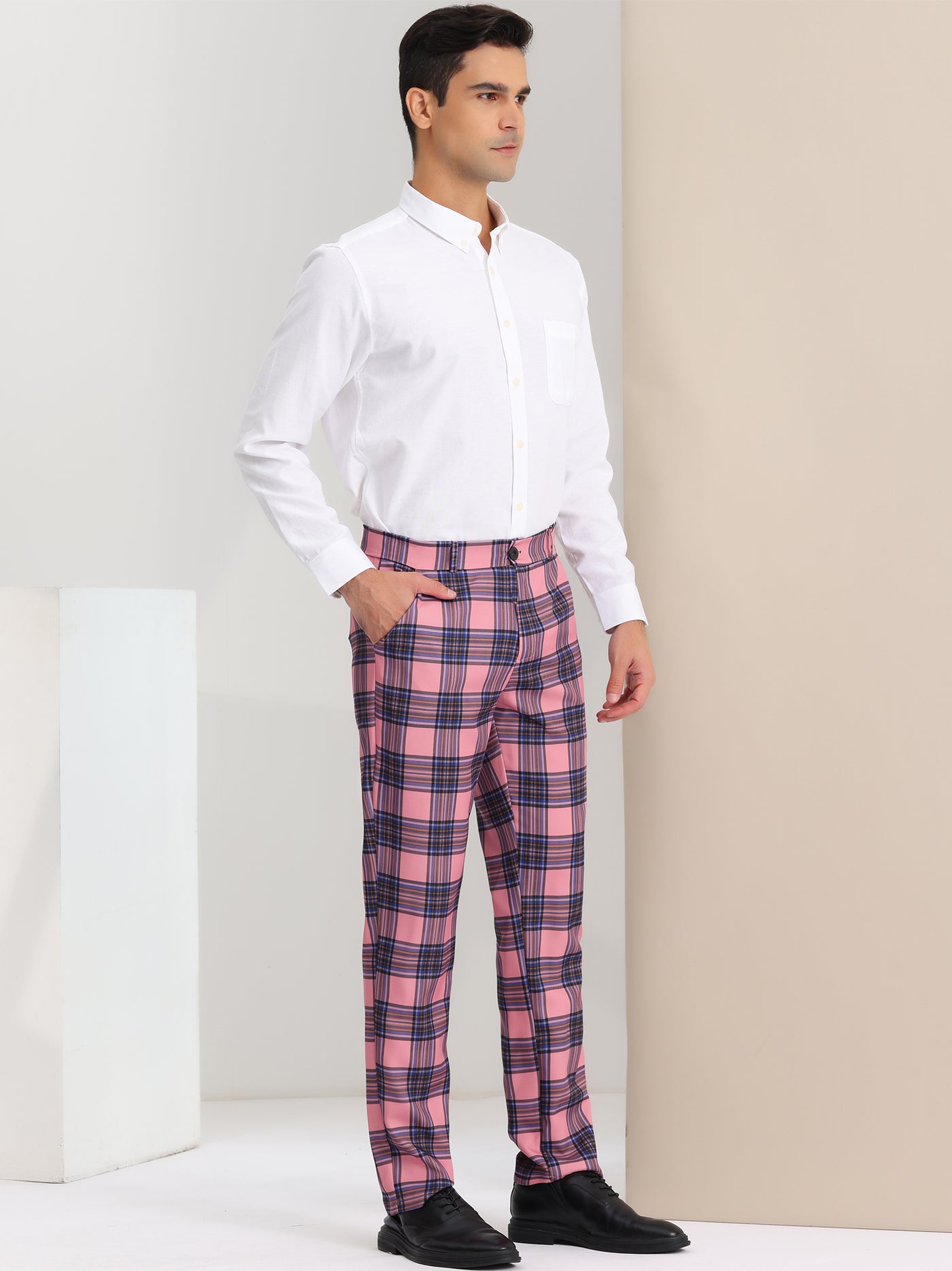 Bublédon Men's Casual Flat Front Stretch Business Plaid Dress Pants