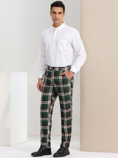 Men's Casual Flat Front Stretch Business Plaid Dress Pants