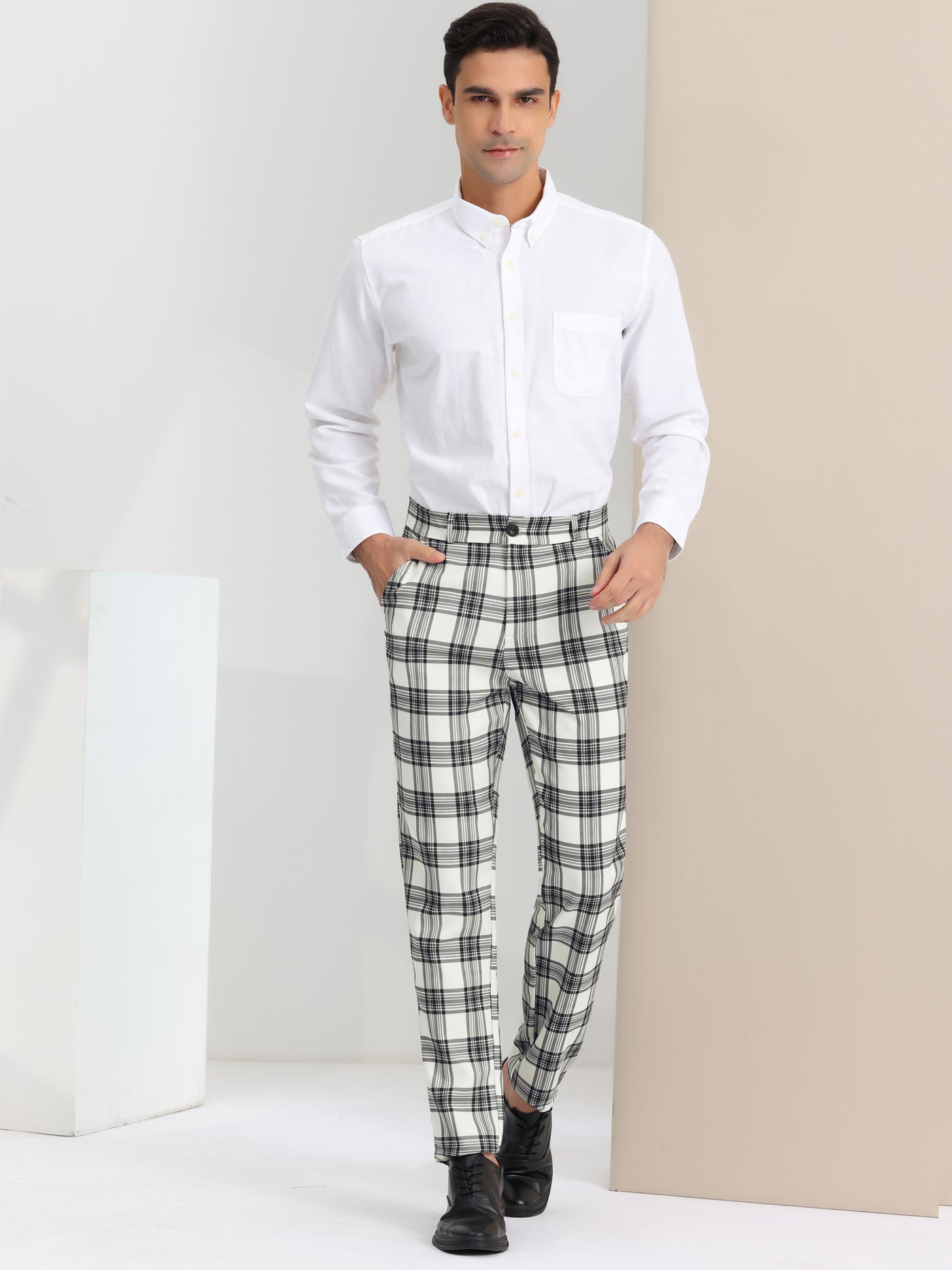 Bublédon Men's Regular Fit Flat Front Classic Elastic Waist Suit Plaid Pants