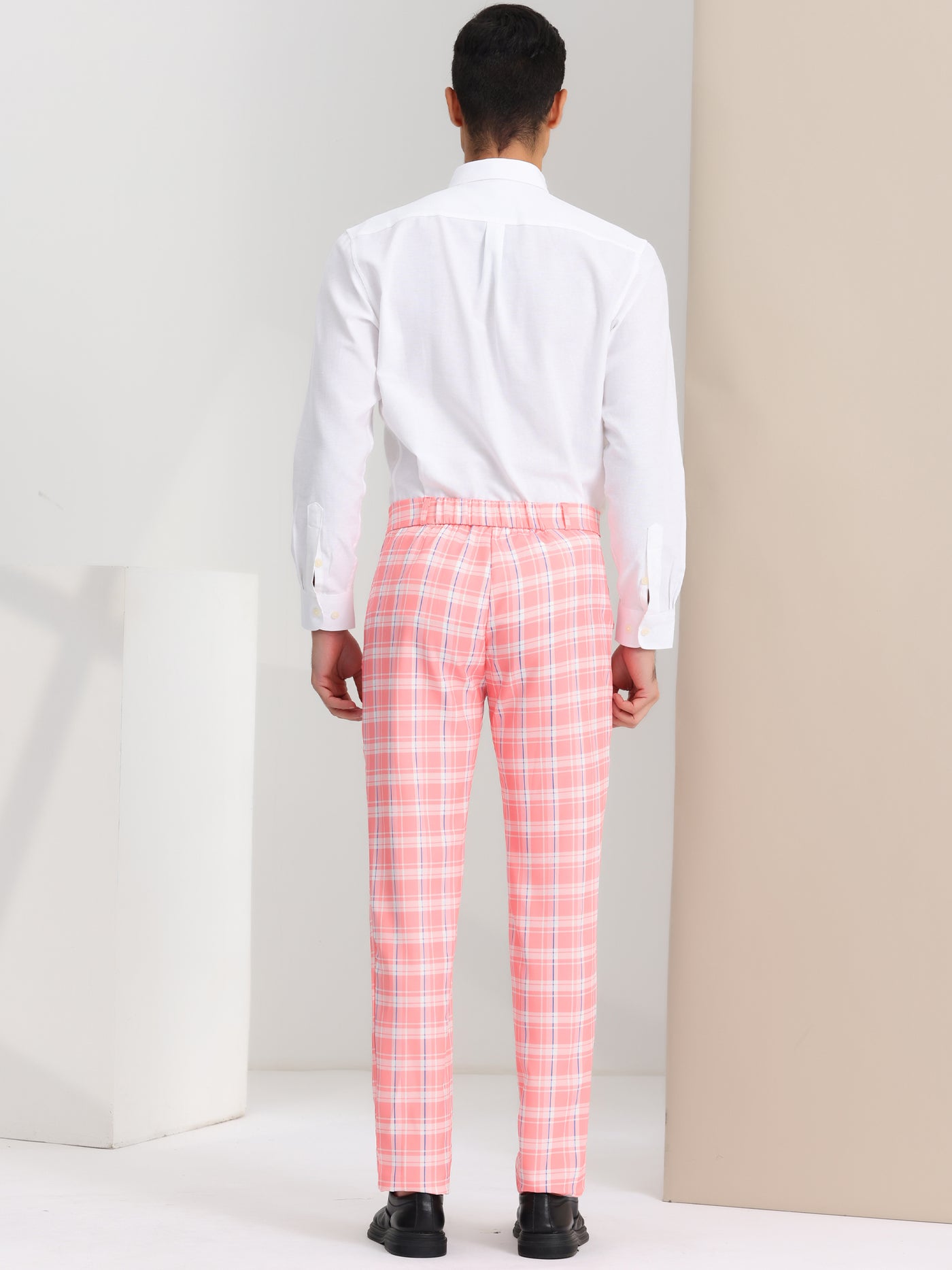 Bublédon Men's Regular Fit Flat Front Classic Elastic Waist Suit Plaid Pants
