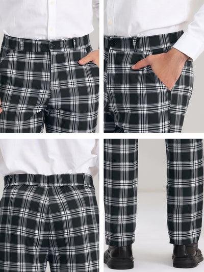 Men's Checked Suit Flat Front Stretch Elastic Waist Plaid Pants