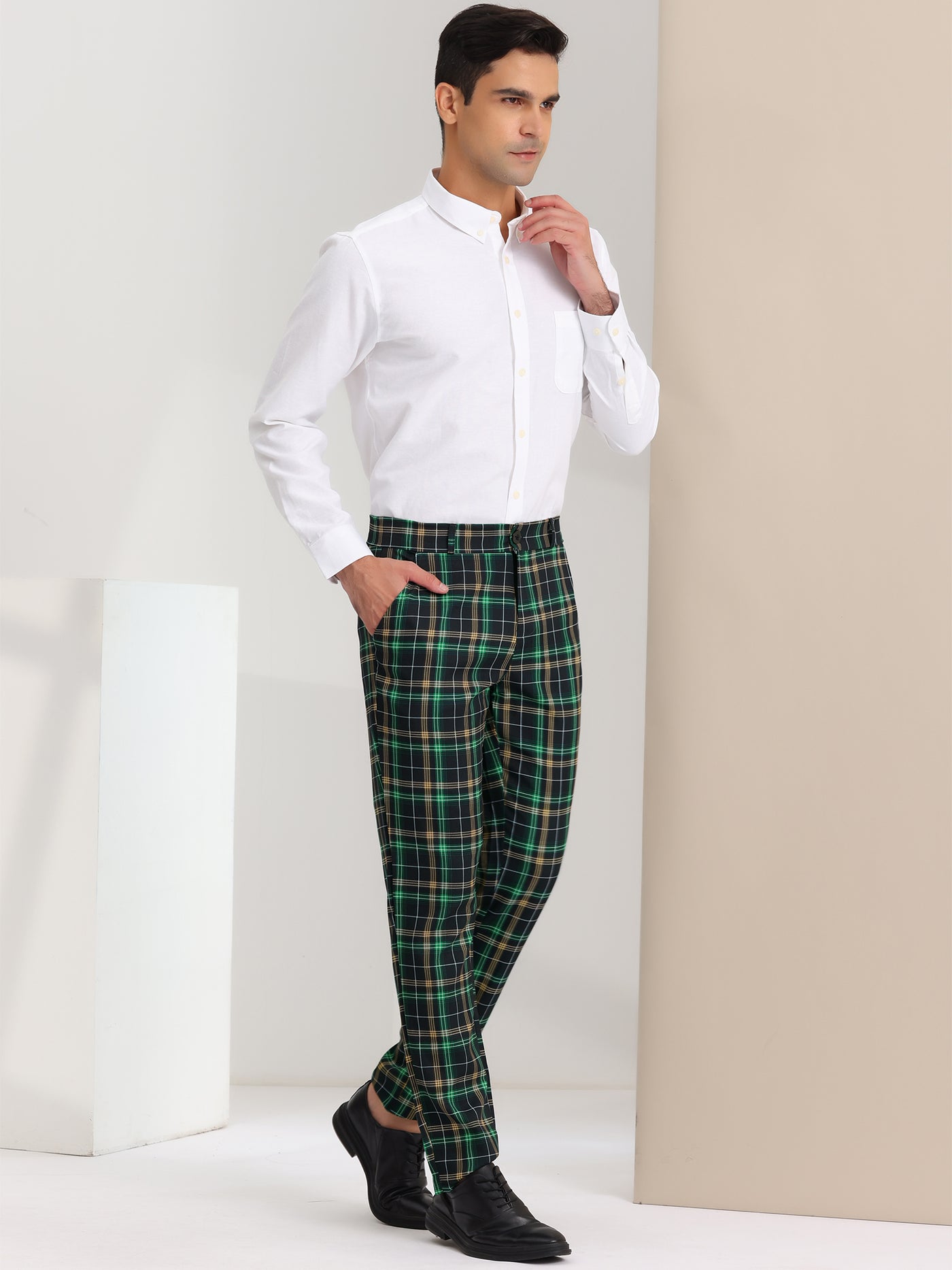Bublédon Men's Plaid Slacks Regular Fit Flat Front Work Prom Checked Pants