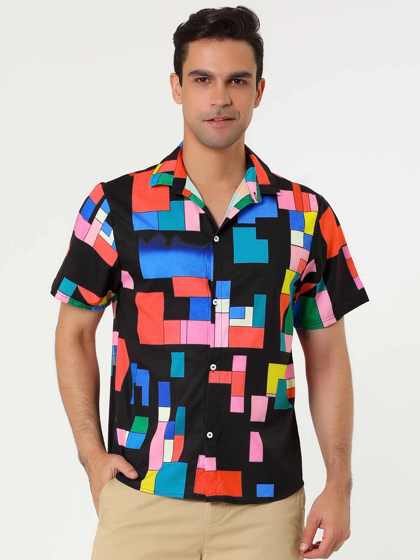 Bublédon Colorful Print Button Short Sleeve Round Hem Shirts