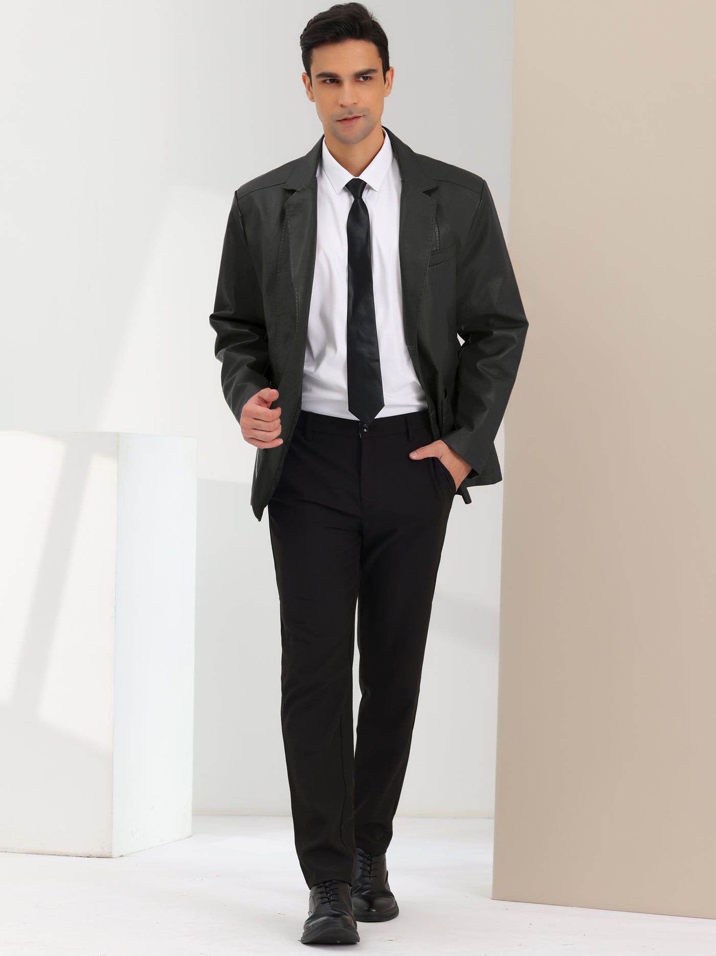 Bublédon Men's Faux Leather Blazer Slim Fit Notched Lapel Formal Sports Coat Jacket