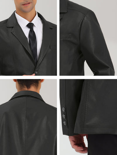 Men's Faux Leather Blazer Slim Fit Notched Lapel Formal Sports Coat Jacket