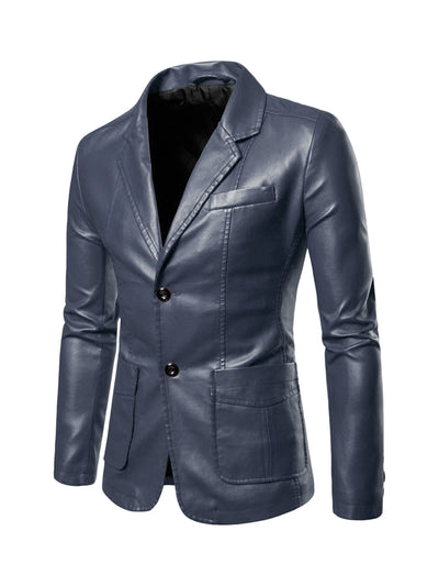 Men's Faux Leather Blazer Slim Fit Notched Lapel Formal Sports Coat Jacket