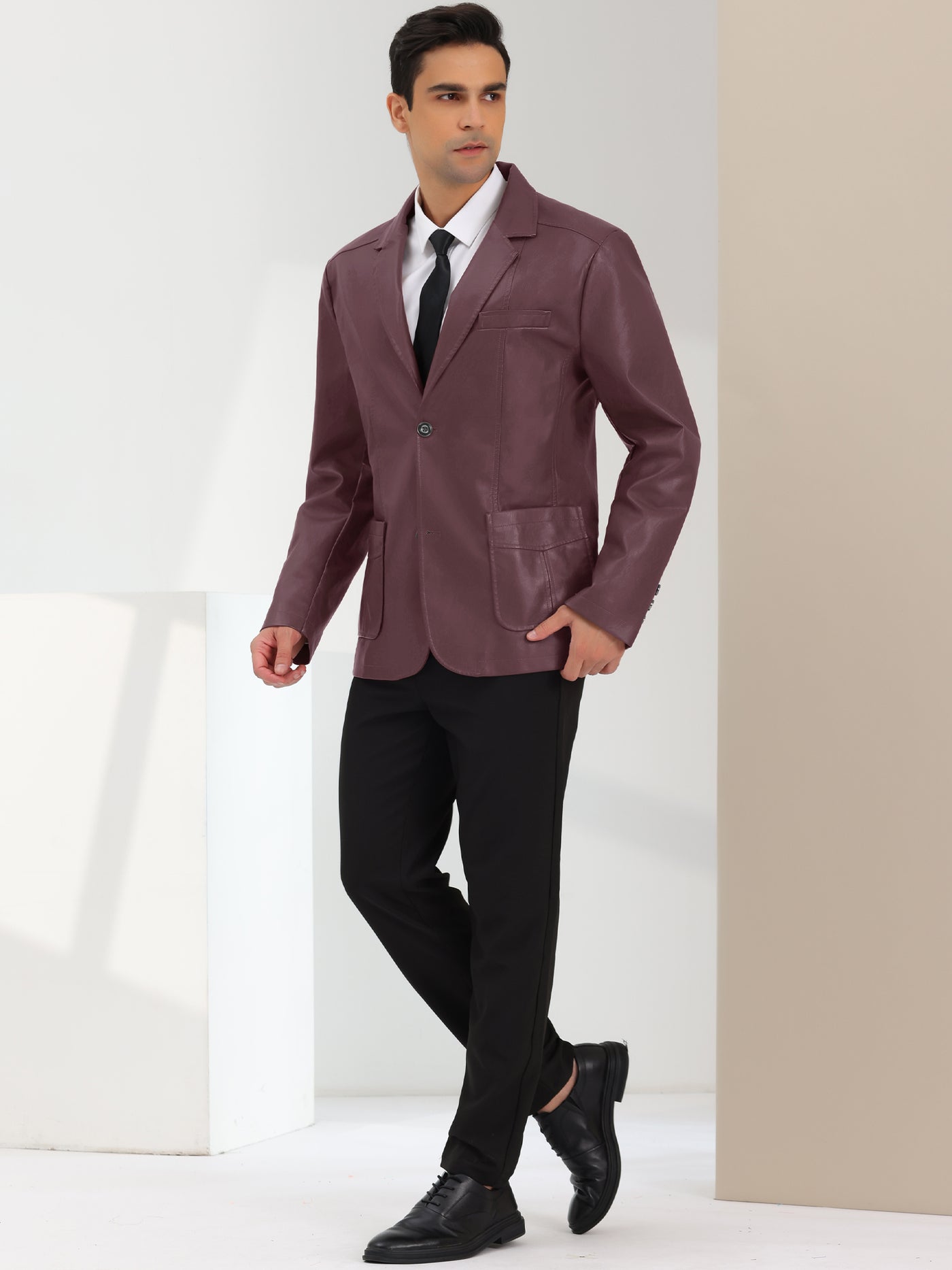 Bublédon Men's Faux Leather Blazer Slim Fit Notched Lapel Formal Sports Coat Jacket