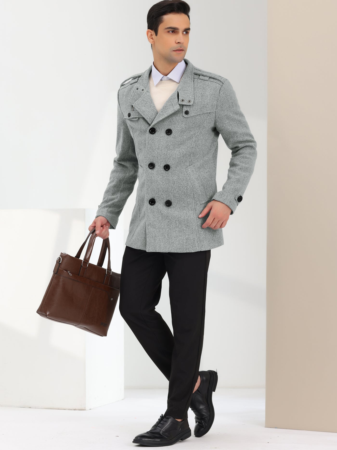 Bublédon Men's Winter Trench Coat Stand Collar Double Breasted Notch Lapel Pea Coats