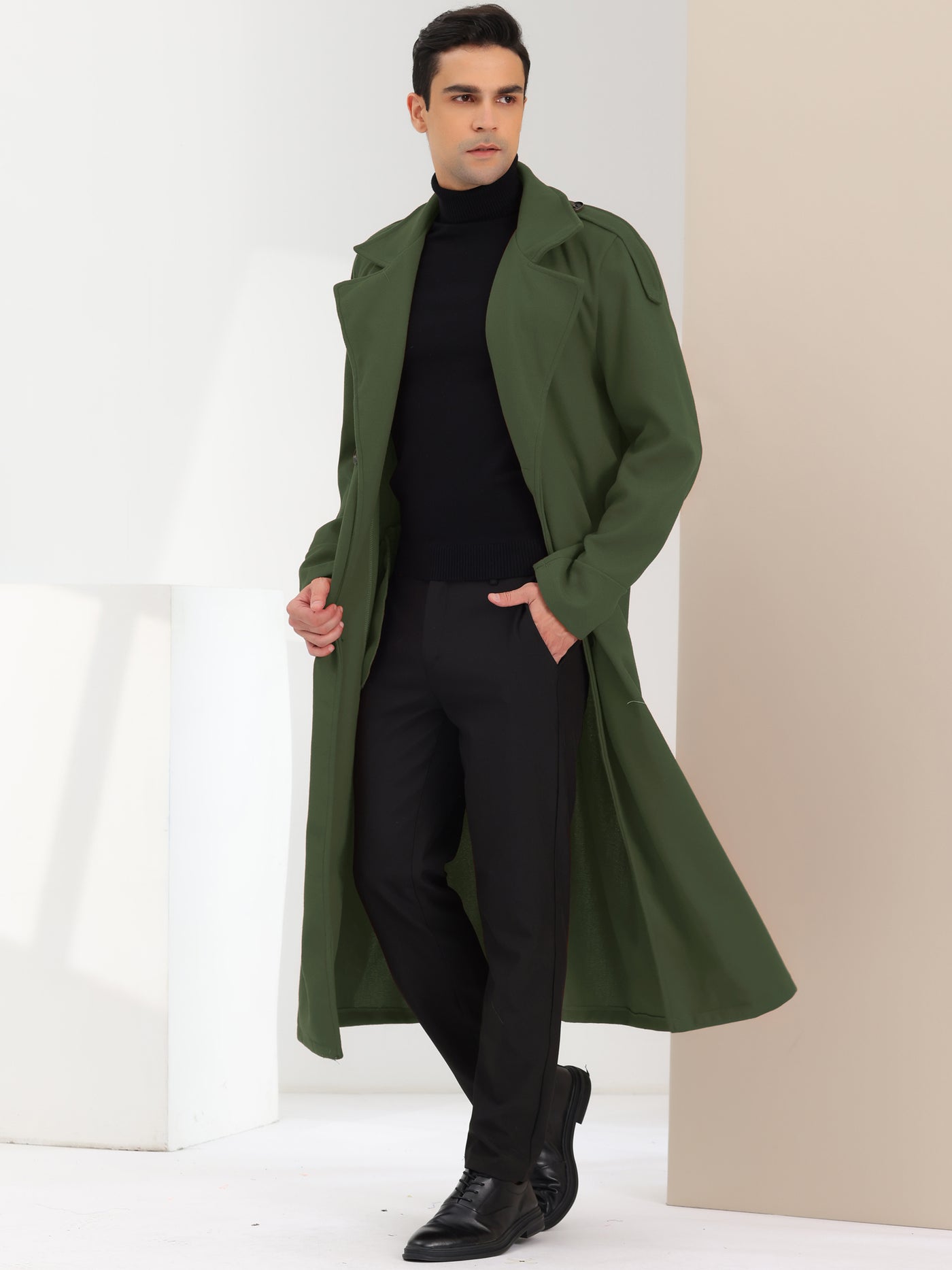 Bublédon Men's Winter Pea Coat Notch Lapel Double Breasted Solid Color Overcoat