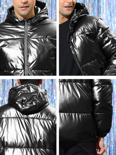 Men's Hoodie Metallic Puffer Full Zip Heavyweight Shiny Quilting Jacket