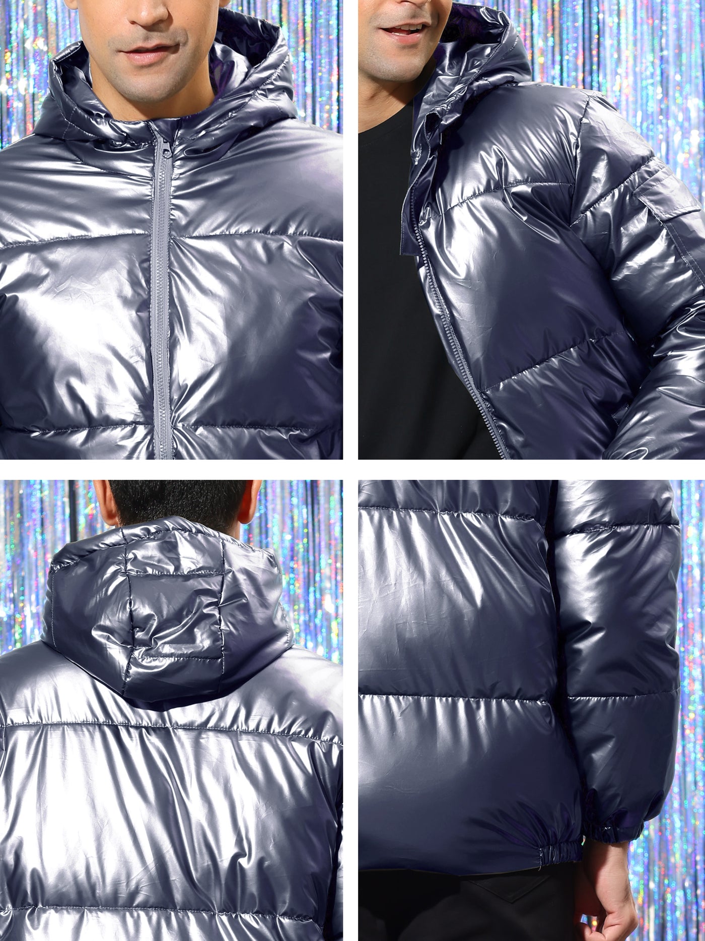 Bublédon Men's Hoodie Metallic Puffer Full Zip Heavyweight Shiny Quilting Jacket