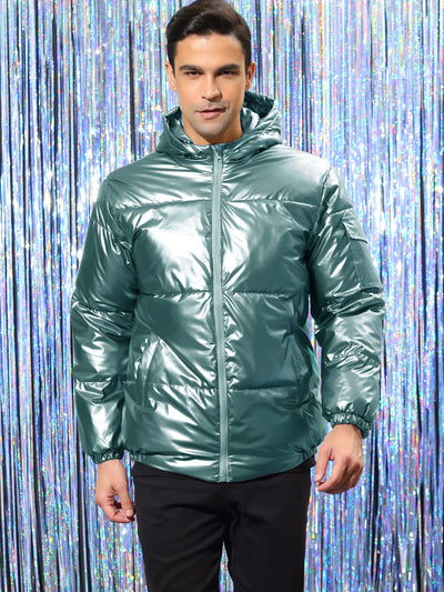 Men's Hoodie Metallic Puffer Full Zip Heavyweight Shiny Quilting Jacket