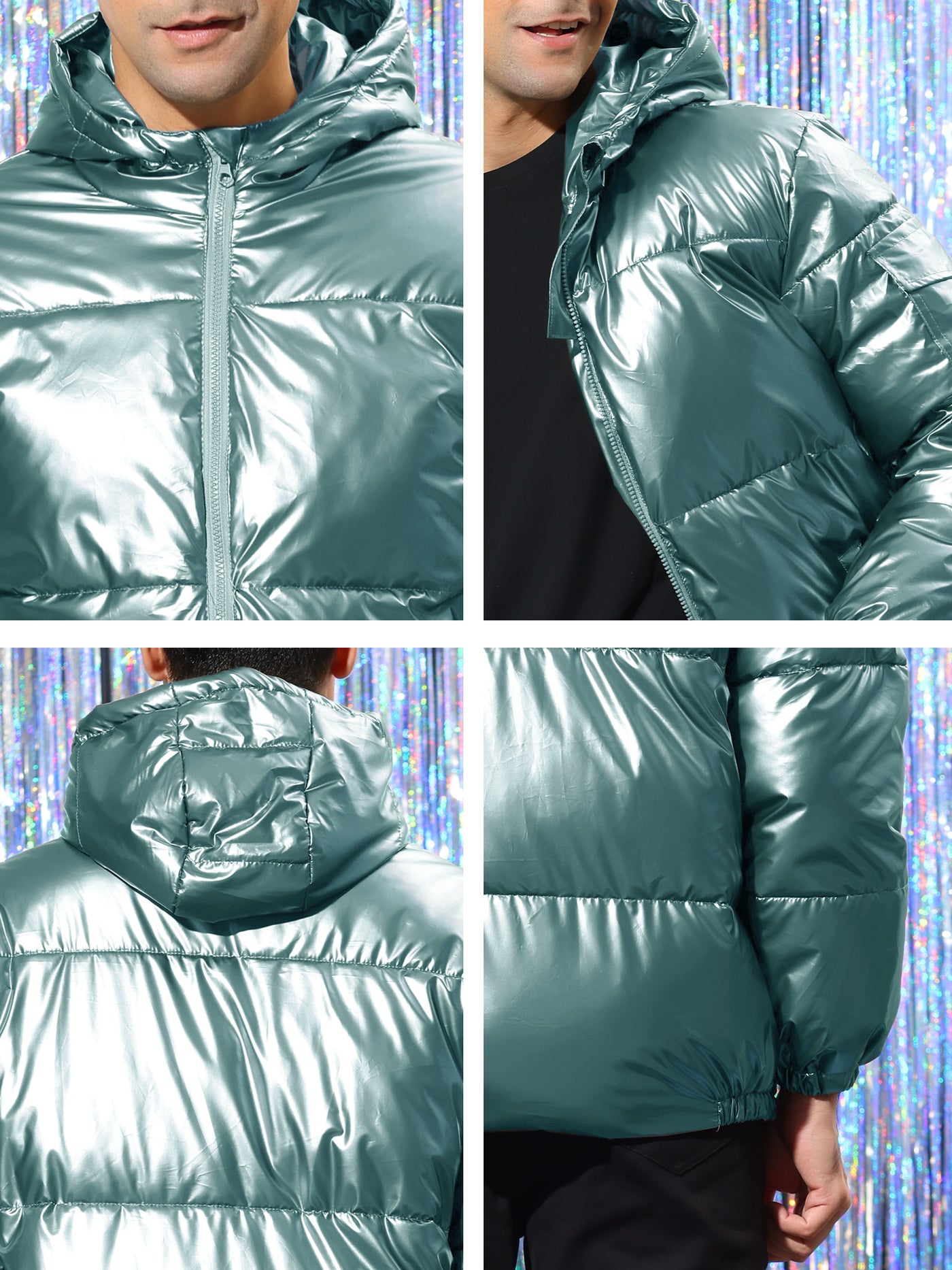 Bublédon Men's Hoodie Metallic Puffer Full Zip Heavyweight Shiny Quilting Jacket