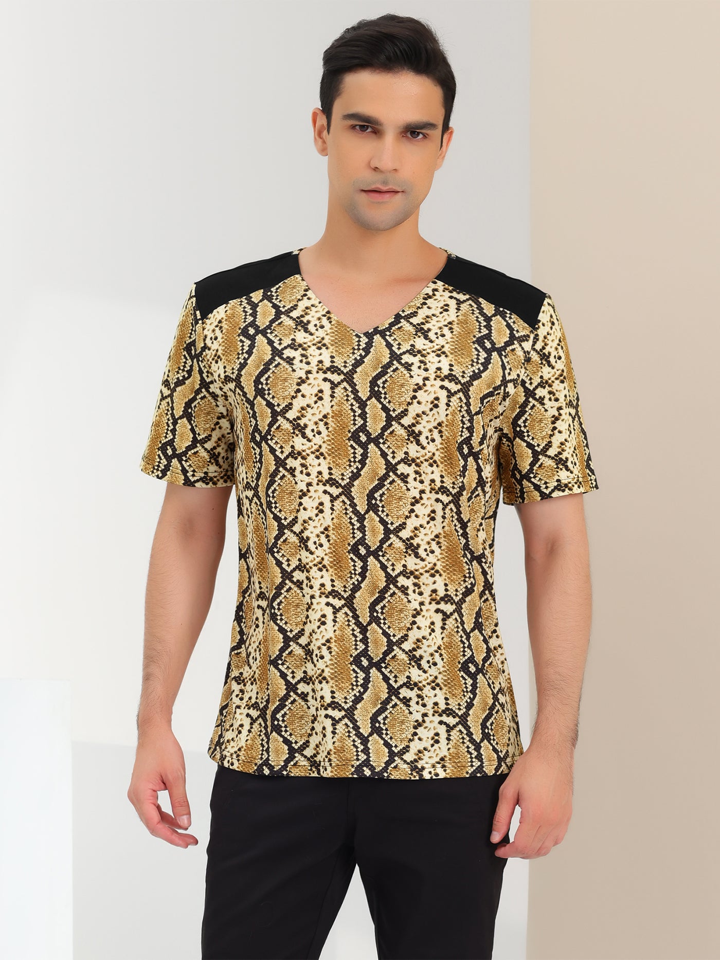 Bublédon Leopard Print V Neck PU Panel Short Sleeve T-shirts