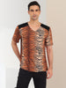 Leopard Print V Neck PU Panel Short Sleeve T-shirts