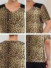 Leopard Print V Neck PU Panel Short Sleeve T-shirts