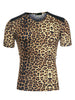 Leopard Print V Neck PU Panel Short Sleeve T-shirts