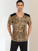 Leopard Print V Neck PU Panel Short Sleeve T-shirts