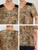 Leopard Print V Neck PU Panel Short Sleeve T-shirts