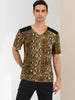 Leopard Print V Neck PU Panel Short Sleeve T-shirts