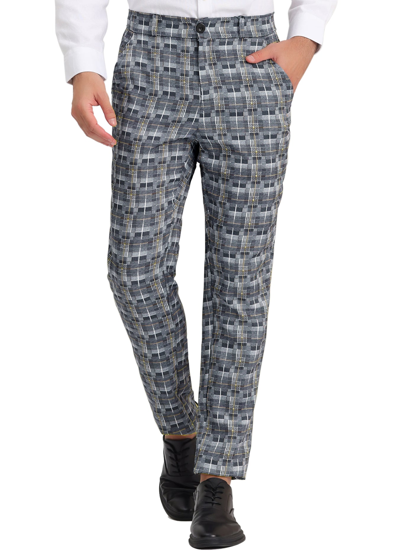 Bublédon Men's Plaid Business Pants Classic Fit Flat Front Formal Office Trousers