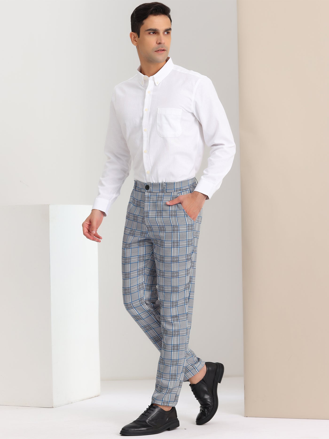 Bublédon Men's Classic Plaid Dress Pants Flat Front Checked Office Prom Trousers