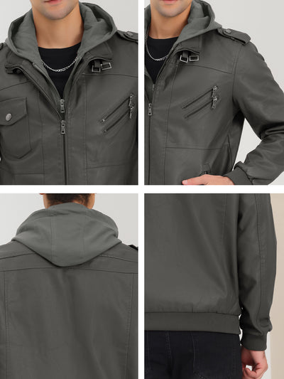 Men's Motorcycle Hooded Jacket Full Zip Biker Faux Leather Coat with Hood