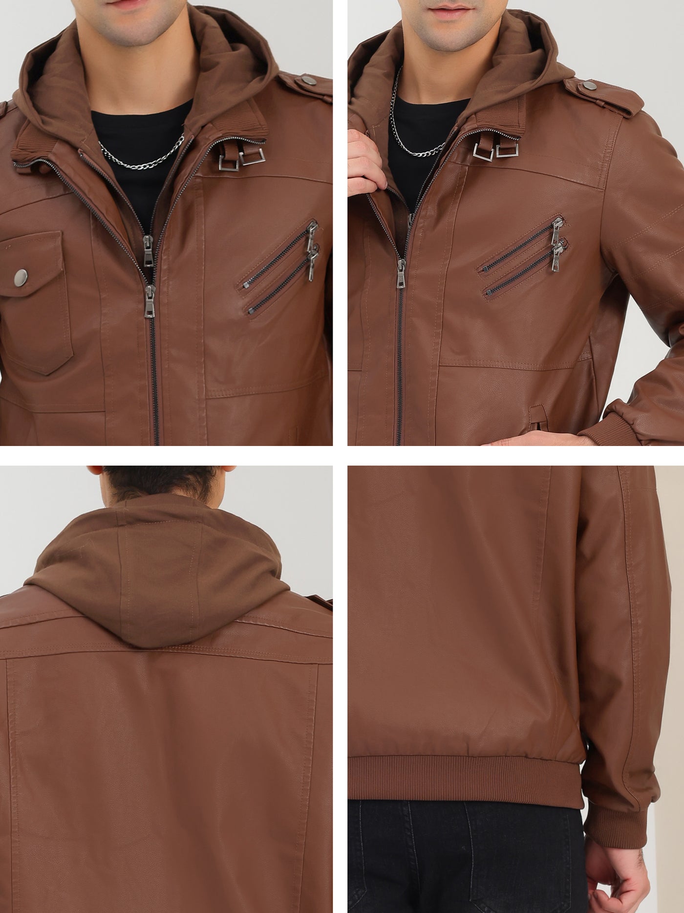 Bublédon Men's Motorcycle Hooded Jacket Full Zip Biker Faux Leather Coat with Hood