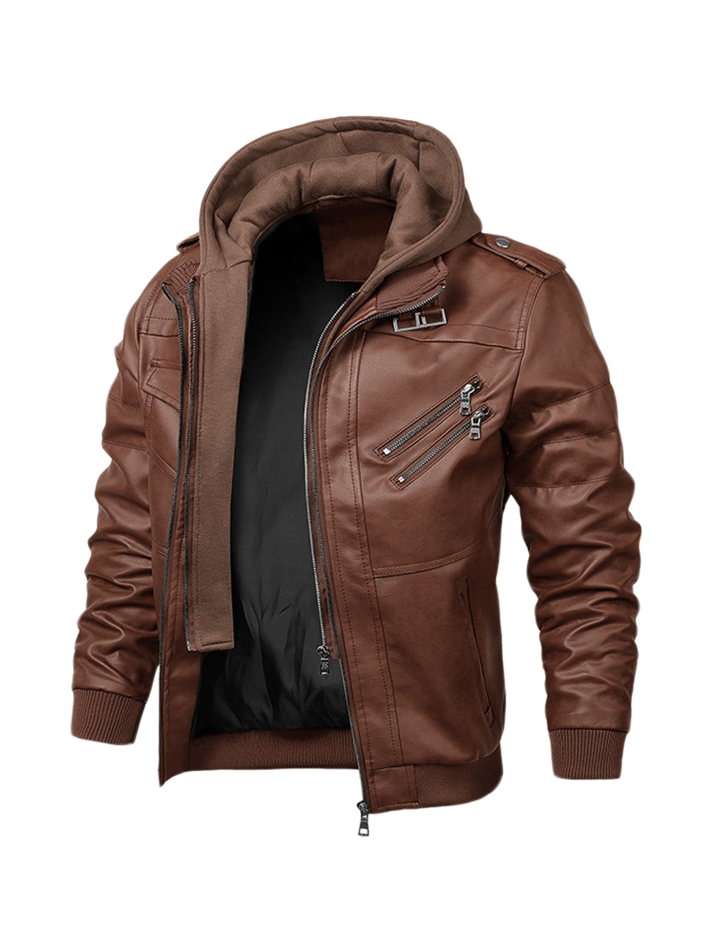 Bublédon Men's Motorcycle Hooded Jacket Full Zip Biker Faux Leather Coat with Hood