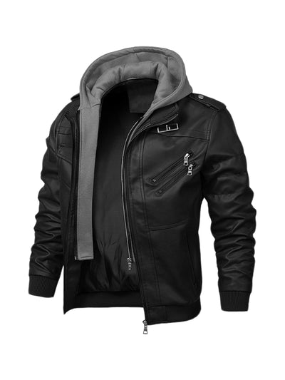Men's Motorcycle Hooded Jacket Full Zip Biker Faux Leather Coat with Hood