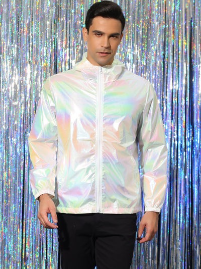 Men's Metallic Jacket Lightweight Zip Up Holographic Shiny Hooded Jackets