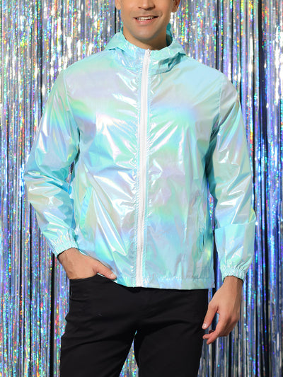 Bublédon Men's Metallic Jacket Lightweight Zip Up Holographic Shiny Hooded Jackets
