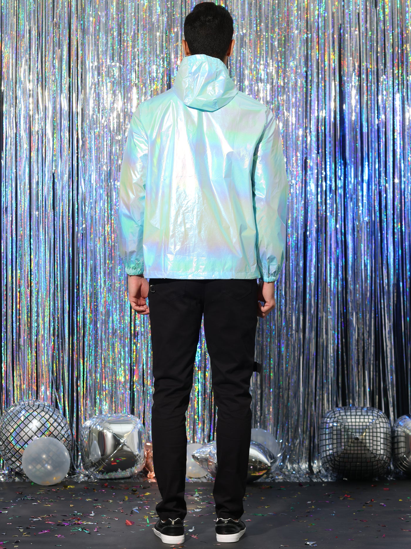 Bublédon Men's Metallic Jacket Lightweight Zip Up Holographic Shiny Hooded Jackets