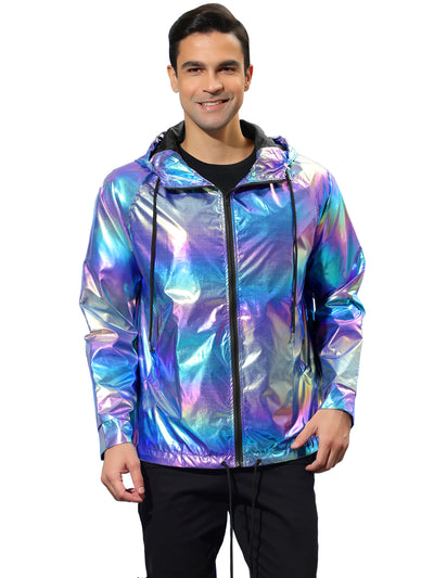 Men's Holographic Jacket Lightweight Zipper Metallic Shiny Hoodie Windbreaker