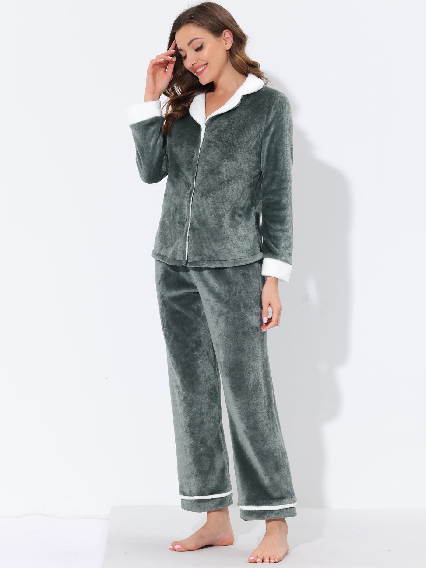 Bublédon Women's Sleepwear Button Down Warm Flannel Fleece Pajamas Set