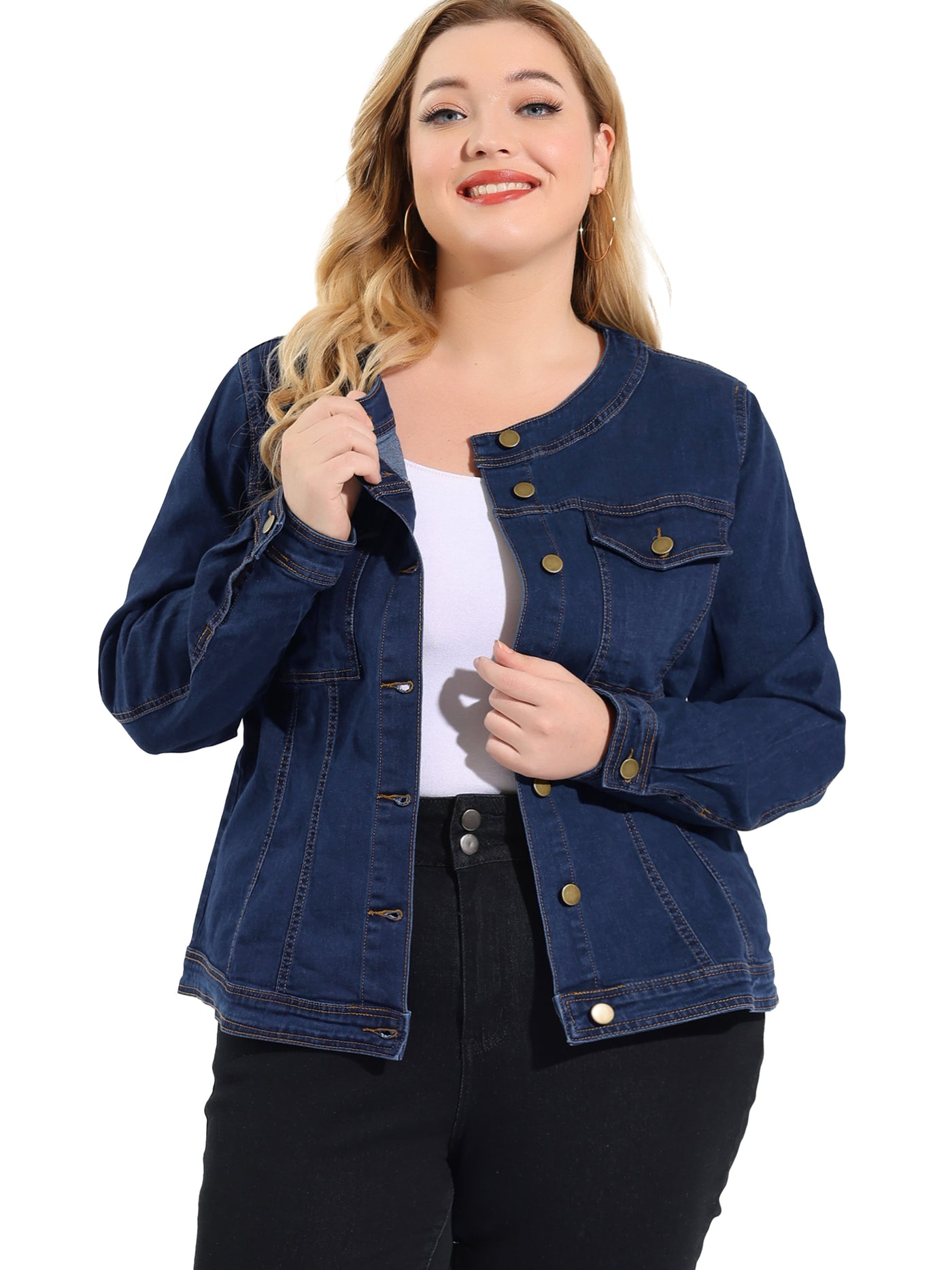 Bublédon Women's Plus Size Long Sleeves Collarless Denim Jacket