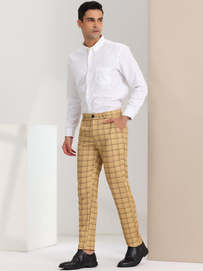 Men's Plaid Business Pants Classic Fit Flat Front Formal Office Trousers