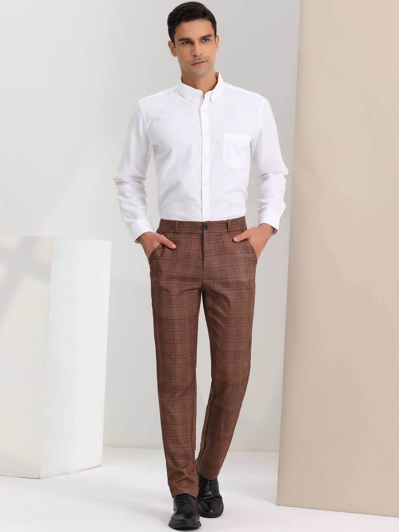 Bublédon Men's Checked Prom Trousers Regular Fit Formal Plaid Suit Pants